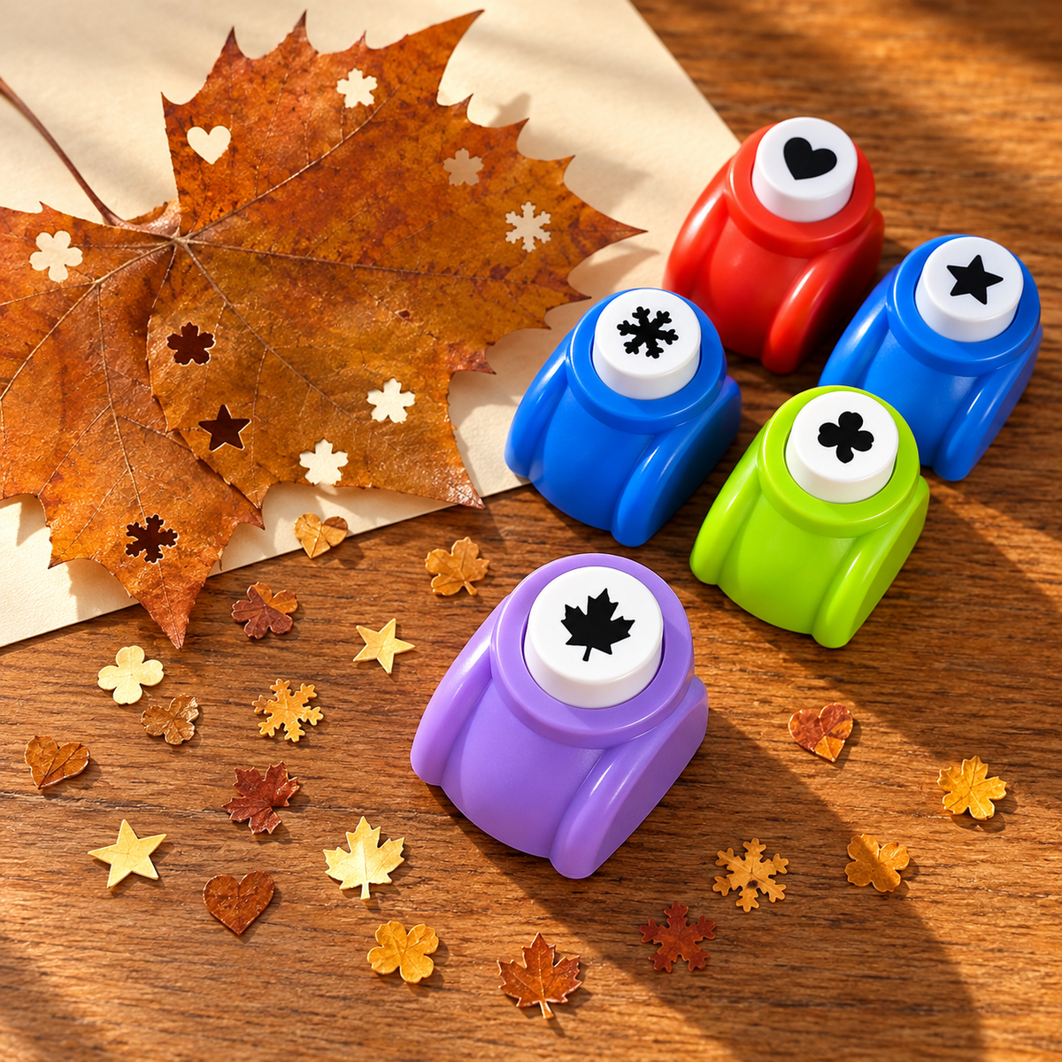 Leafetti fall leaf shape punches with autumn leaf confetti. One punch per selected shape.